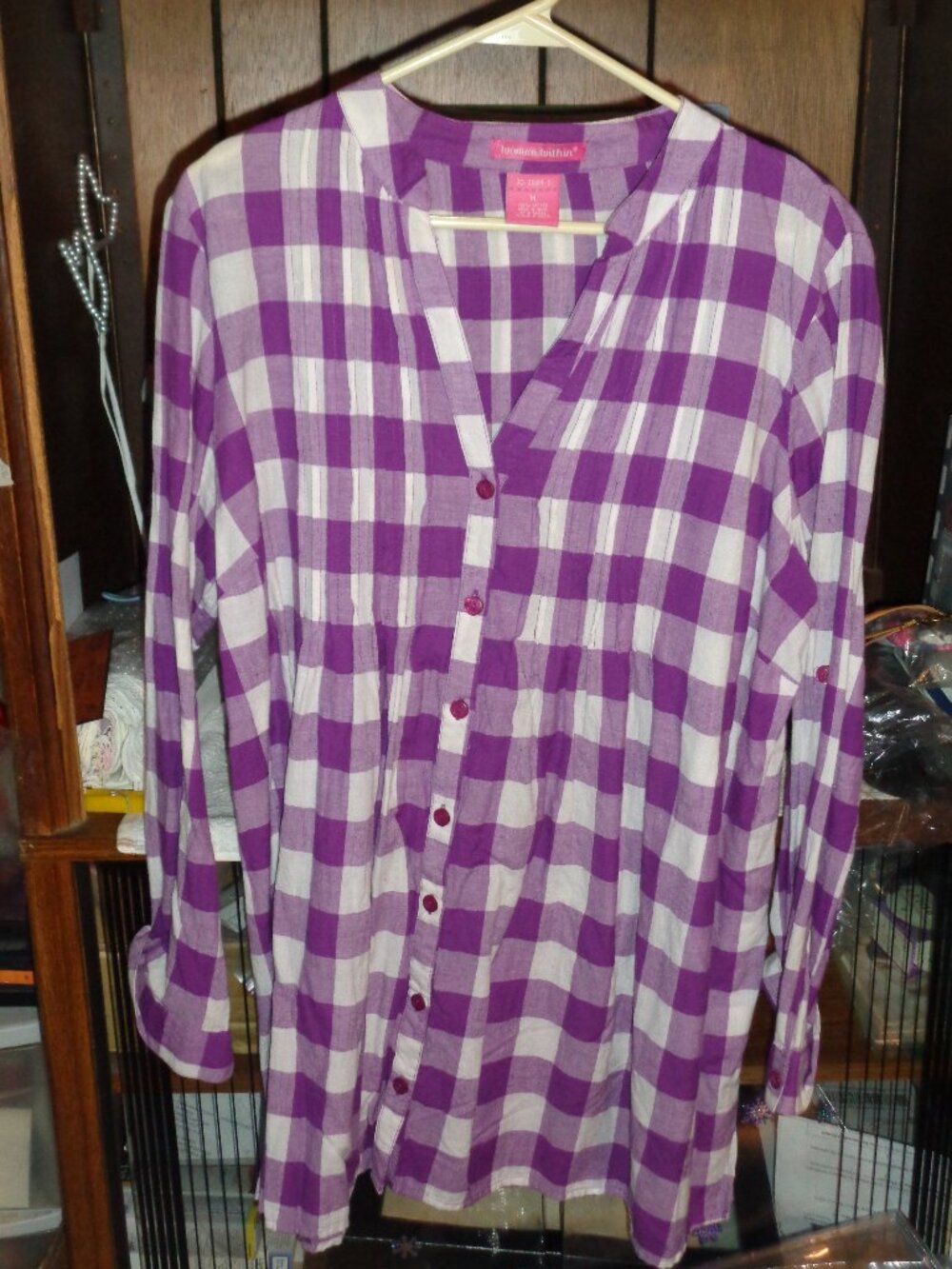 RARE-EXCELLENT WOMAN WITHIN BUTTON DOWN 100% COTTON PURPLE PLAID SHIRT-MED/LG